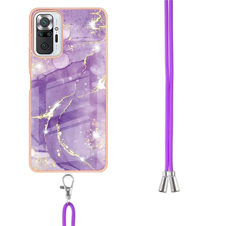 IML IMD Marble Pattern Scratch-Resistant Electroplating Frame Flexible TPU Phone Cover Case with Adjustable Lanyard for Xiaomi Redmi Note 10 Pro 4G (Global)/Note 10 Pro 4G (India)/Note 10 Pro Max - Purple 002