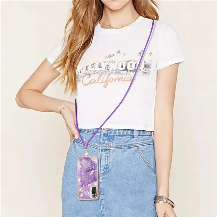 IML IMD Marble Pattern Scratch-Resistant Electroplating Frame Flexible TPU Phone Cover Case with Adjustable Lanyard for Xiaomi Redmi Note 10 Pro 4G (Global)/Note 10 Pro 4G (India)/Note 10 Pro Max - Purple 002