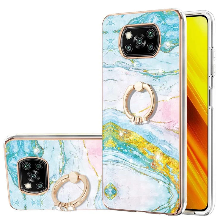 Case with Ring Kickstand Marble Pattern Electroplating TPU Back Cover for Xiaomi Poco X3 NFC / X3 / X3 Pro - Green 004