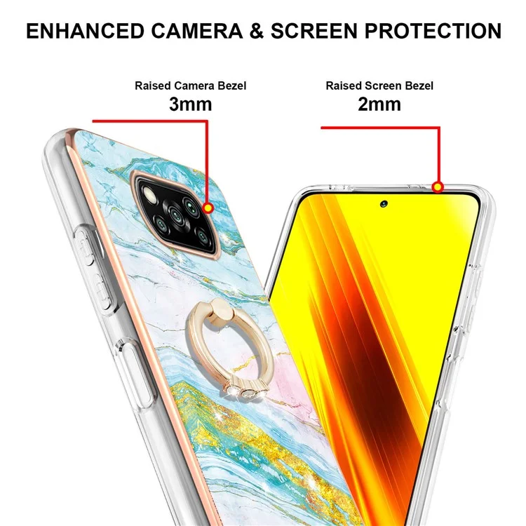 Case with Ring Kickstand Marble Pattern Electroplating TPU Back Cover for Xiaomi Poco X3 NFC / X3 / X3 Pro - Green 004