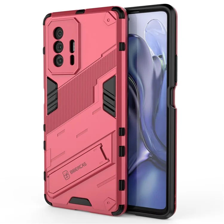 Жесткий пластиковый чехол с мягким TPU-покрытием и складной подставкой для Xiaomi 11T/ 11T Pro - розовый