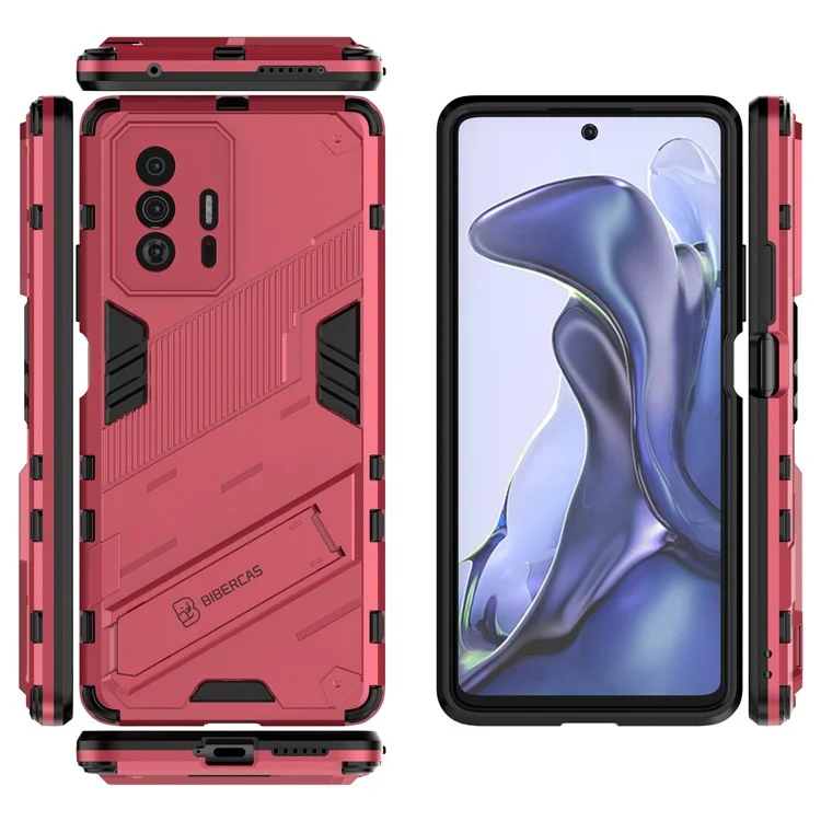 Жесткий пластиковый чехол с мягким TPU-покрытием и складной подставкой для Xiaomi 11T/ 11T Pro - розовый