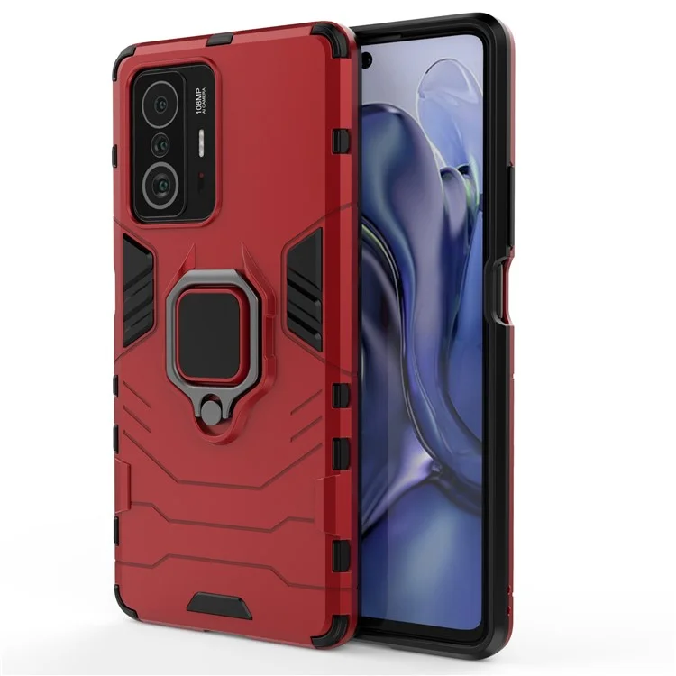 Ring Kickstand Dual Layer Soft Flexible TPU + Hard PC Rugged Protective Phone Case for Xiaomi 11T / 11T Pro - Red
