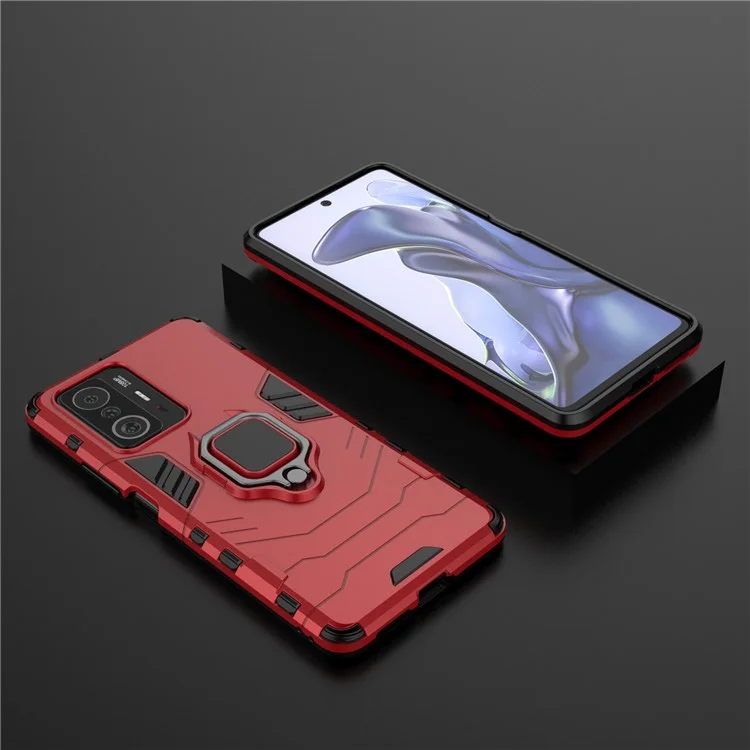Ring Kickstand Dual Layer Soft Flexible TPU + Hard PC Rugged Protective Phone Case for Xiaomi 11T / 11T Pro - Red