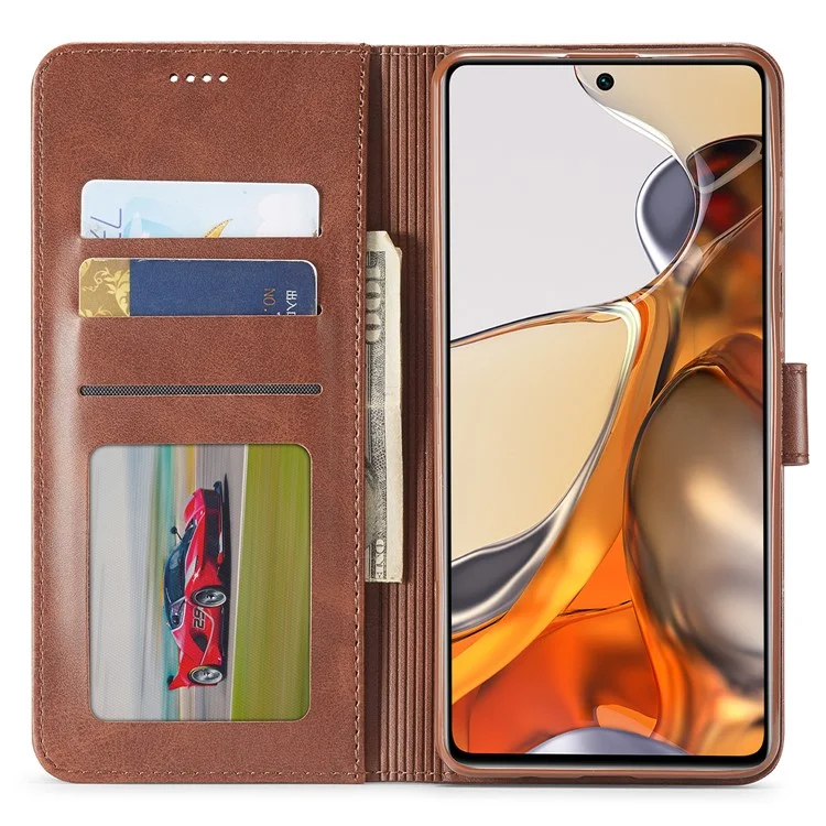LC.IMEEKE PU Leather Magnetic Clasp Phone Cover Wallet Stand Protective Case for Xiaomi 11T/Xiaomi 11T Pro - Brown