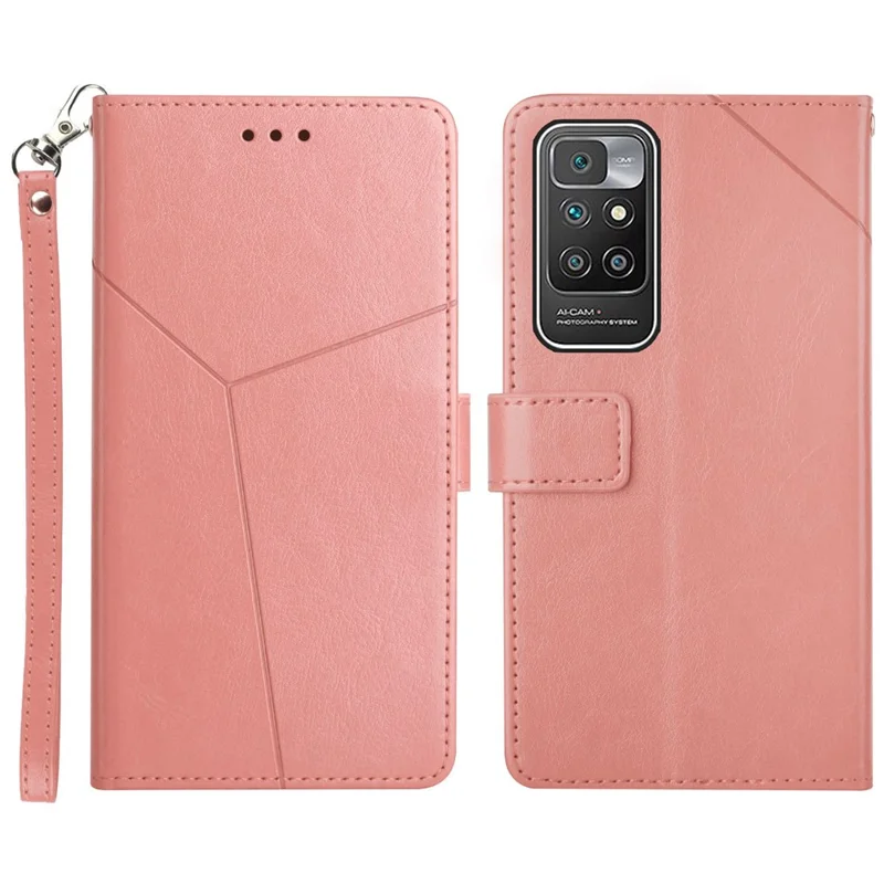 Y-Shaped Lines Imprinting Drop-resistant PU Leather + Soft TPU Inner Shell Wallet Stand Phone Cover for Xiaomi Redmi Note 11 4G (MediaTek)/10 4G (2021)/10 2022 4G/10 Prime - Pink