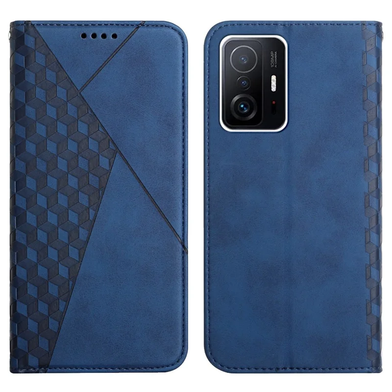 Well-protected Anti-drop Rhombus Pattern Skin-touch Auto-absorbed Leather Phone Stand Cover Wallet Case for Xiaomi 11T/11T Pro - Sapphire