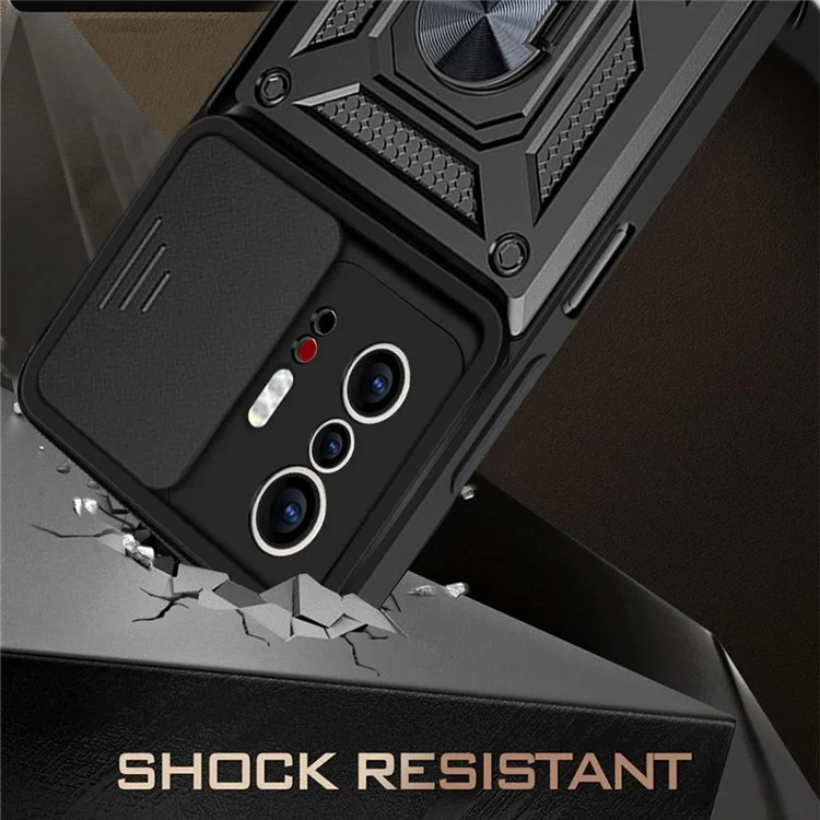 Bague de support pour coque de téléphone avec cache de caméra coulissant et support pour Xiaomi 11T/11T Pro - Noir