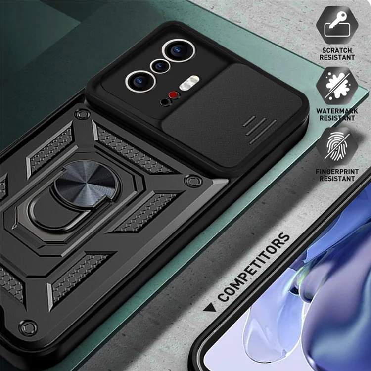 Camera Slide Cover Ring Holder Kickstand PC + TPU Phone Shell Case for Xiaomi 11T/11T Pro - Black