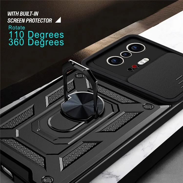 Camera Slide Cover Ring Holder Kickstand PC + TPU Phone Shell Case for Xiaomi 11T/11T Pro - Black