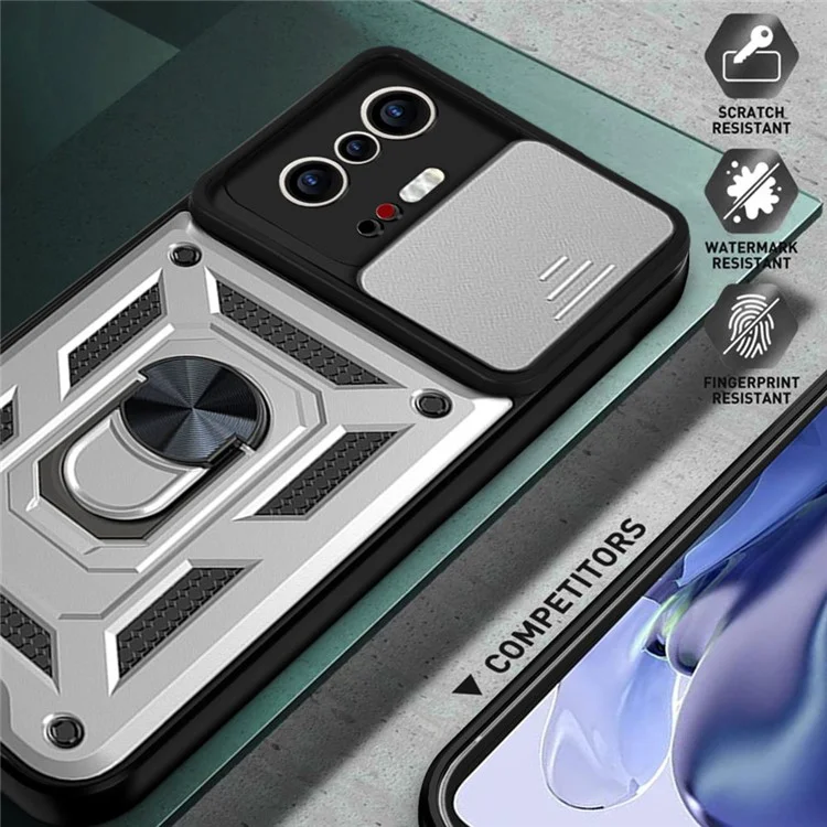 Camera Slide Cover Ring Holder Kickstand PC + TPU Phone Shell Case for Xiaomi 11T/11T Pro - Silver