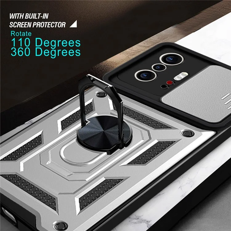 Camera Slide Cover Ring Holder Kickstand PC + TPU Phone Shell Case for Xiaomi 11T/11T Pro - Silver