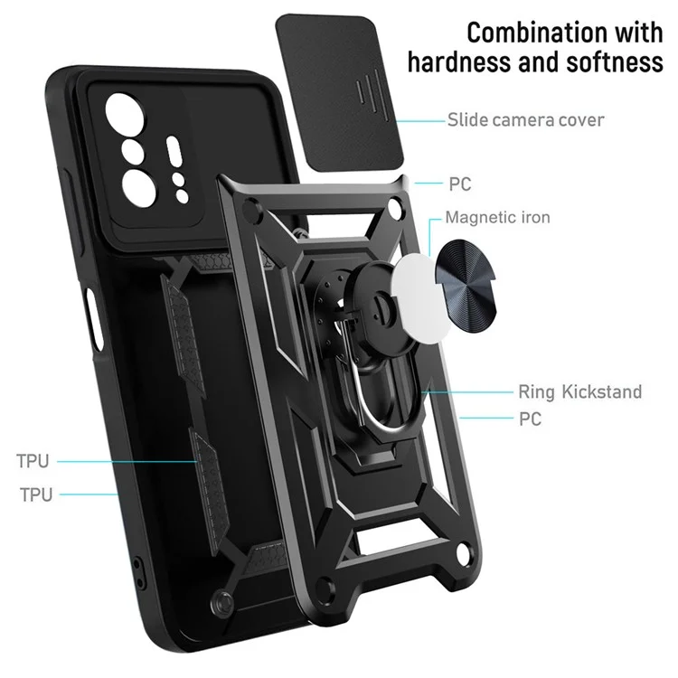 Camera Slide Cover Ring Holder Kickstand PC + TPU Phone Shell Case for Xiaomi 11T/11T Pro - Silver