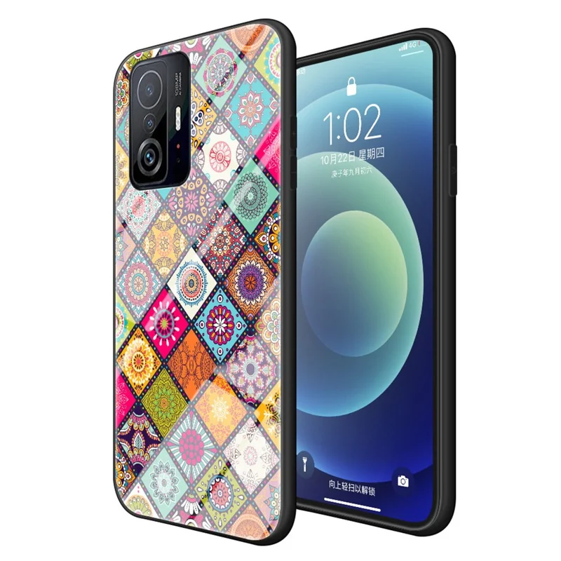 Étui de protection pour téléphone portable en verre trempé coloré, en plastique et en TPU avec dragonne pour Xiaomi 11T/11T Pro - Motif coloré