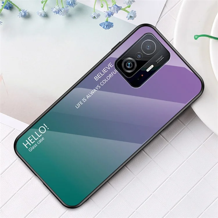 Gradient Color Anti-scratch Tempered Glass Hybrid Phone Case Cover for Xiaomi 11T/11T Pro - Gradient Purple