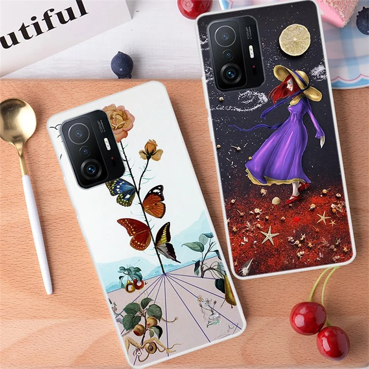 Shockproof Pattern Printing Soft Flexible TPU Back Phone Protective Cover for Xiaomi 11T / 11T Pro - Red Hat Cat