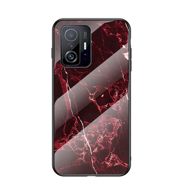 Marble Pattern Light Thin Anti-Fingerprint Soft TPU Frame PC and Tempered Glass Back Cover for Xiaomi 11T/11T Pro - Blood Red Marble