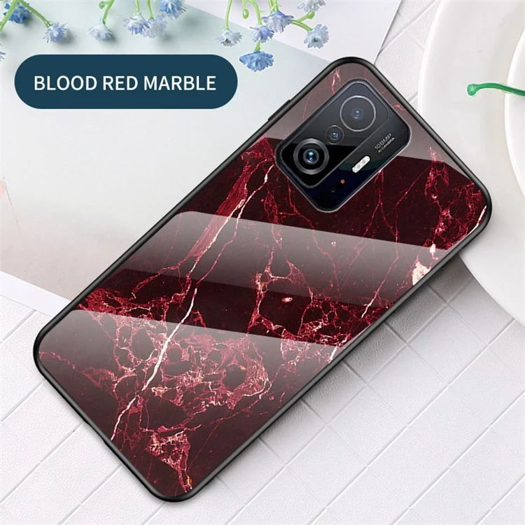 Marble Pattern Light Thin Anti-Fingerprint Soft TPU Frame PC and Tempered Glass Back Cover for Xiaomi 11T/11T Pro - Blood Red Marble