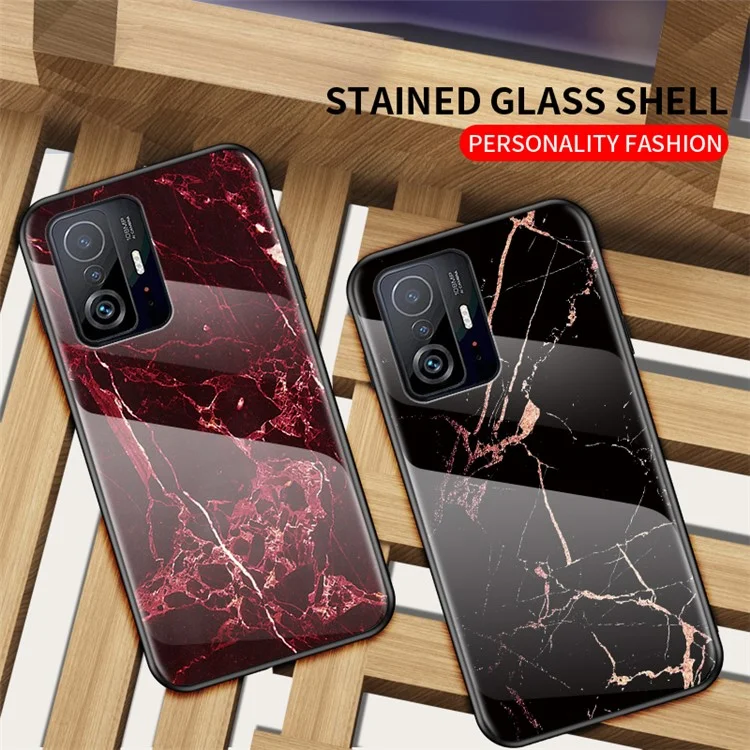 Marble Pattern Light Thin Anti-Fingerprint Soft TPU Frame PC and Tempered Glass Back Cover for Xiaomi 11T/11T Pro - Blood Red Marble