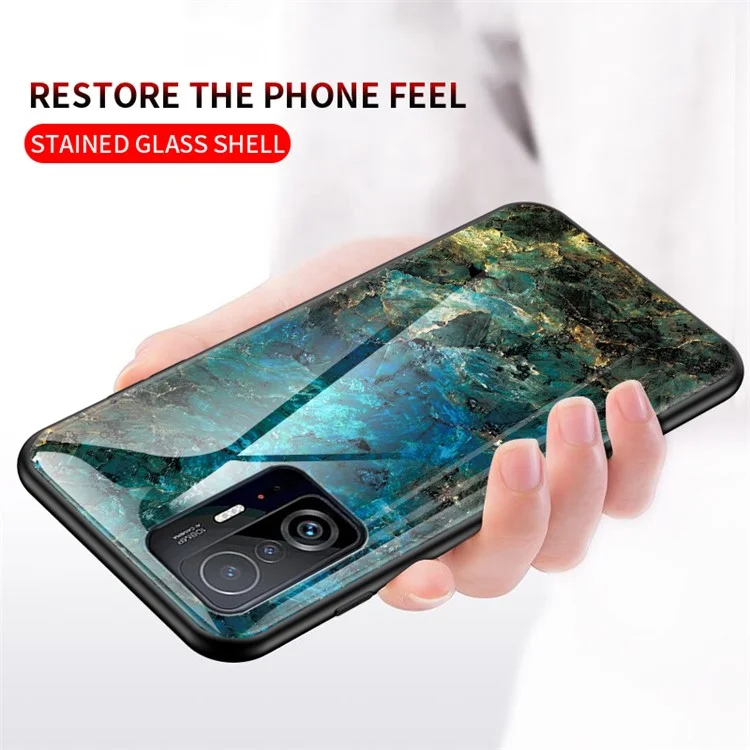 Marble Pattern Light Thin Anti-Fingerprint Soft TPU Frame PC and Tempered Glass Back Cover for Xiaomi 11T/11T Pro - Blood Red Marble