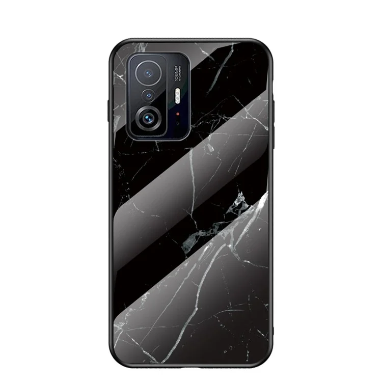 Couverture arrière en verre trempé et en PC dur avec motif en marbre, anti-traces de doigts, cadre souple en TPU pour Xiaomi 11T/11T Pro - Marbre noir