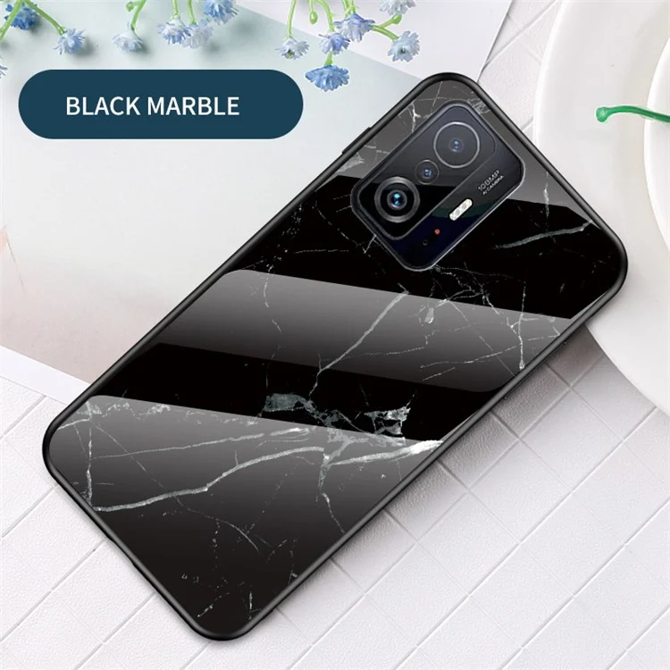 Couverture arrière en verre trempé et en PC dur avec motif en marbre, anti-traces de doigts, cadre souple en TPU pour Xiaomi 11T/11T Pro - Marbre noir