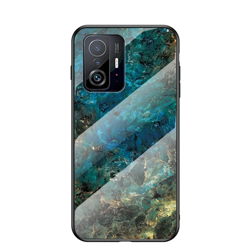 Marble Pattern Light Thin Anti-Fingerprint Soft TPU Frame PC and Tempered Glass Back Cover for Xiaomi 11T/11T Pro - Emerald Marble