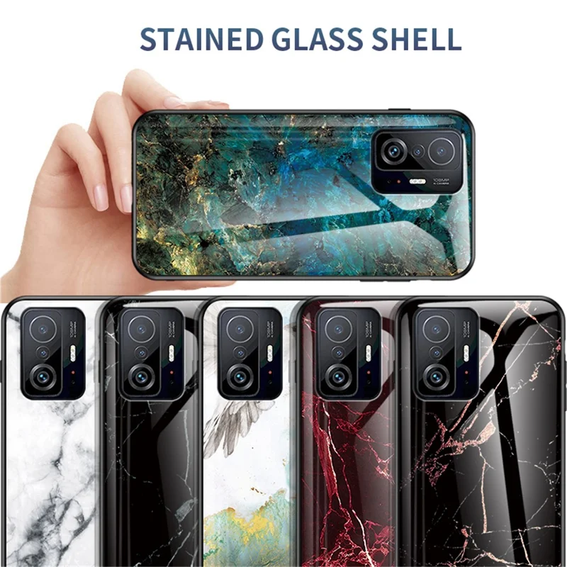 Marble Pattern Light Thin Anti-Fingerprint Soft TPU Frame PC and Tempered Glass Back Cover for Xiaomi 11T/11T Pro - Emerald Marble