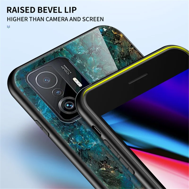 Marble Pattern Light Thin Anti-Fingerprint Soft TPU Frame PC and Tempered Glass Back Cover for Xiaomi 11T/11T Pro - Emerald Marble