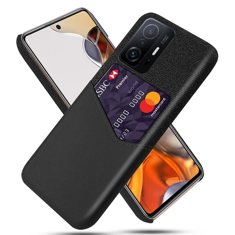 Funda de teléfono híbrida con diseño de ranura para tarjeta de un solo slot, antiarañazos y antideslizante, con textura de tela KSQ para Xiaomi 11T/11T Pro - Negro