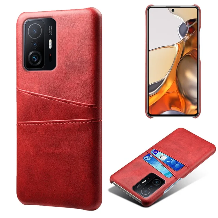 KSQ PU Leather + PC Anti-arranhão de Capa Dura Com Slots de Cartão Duplo Para Xiaomi 11t Pro / Xiaomi 11t - Vermelho