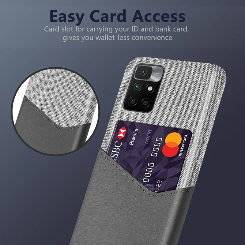KSQ Cloth Texture PU Leather + PC Card Slot Hybrid Phone Case Protective Shell for Xiaomi Redmi Note 11 4G (MediaTek)/10 4G (2021)/10 2022 4G - Grey