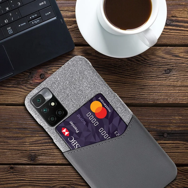KSQ Cloth Texture PU Leather + PC Card Slot Hybrid Phone Case Protective Shell for Xiaomi Redmi Note 11 4G (MediaTek)/10 4G (2021)/10 2022 4G - Grey