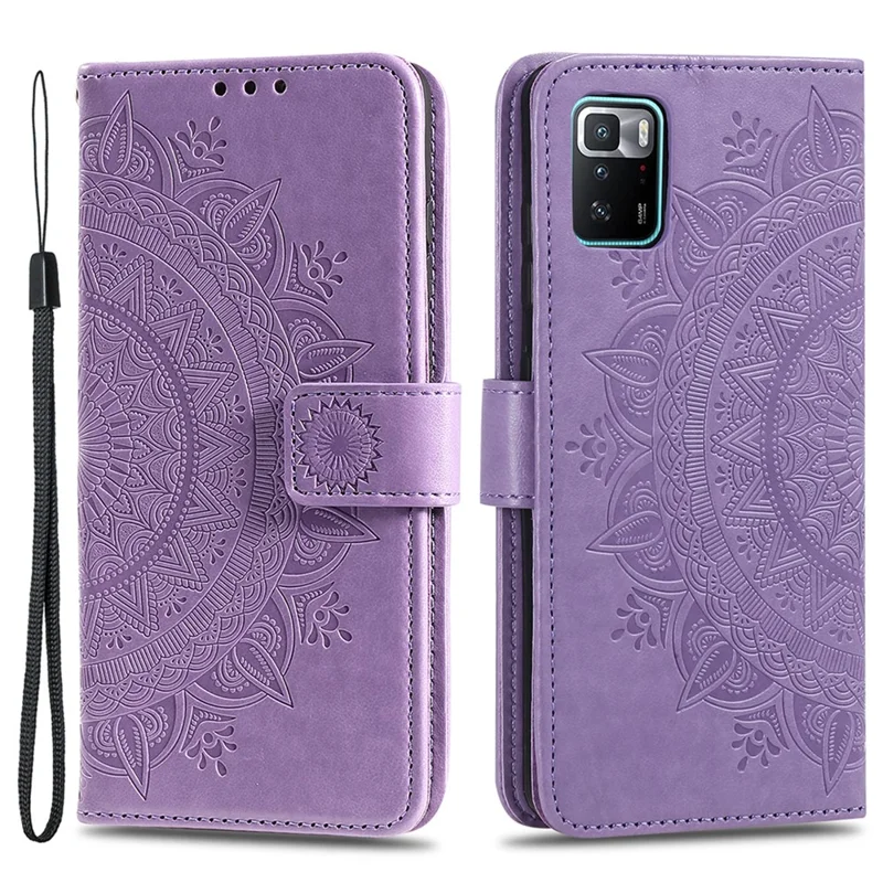 Imprinted Mandala Flower Handy Strap Stylish Anti-drop Wallet Stand Leather Phone Case Cover Shell for Xiaomi Poco X3 GT/Redmi Note 10 Pro 5G (China) - Purple