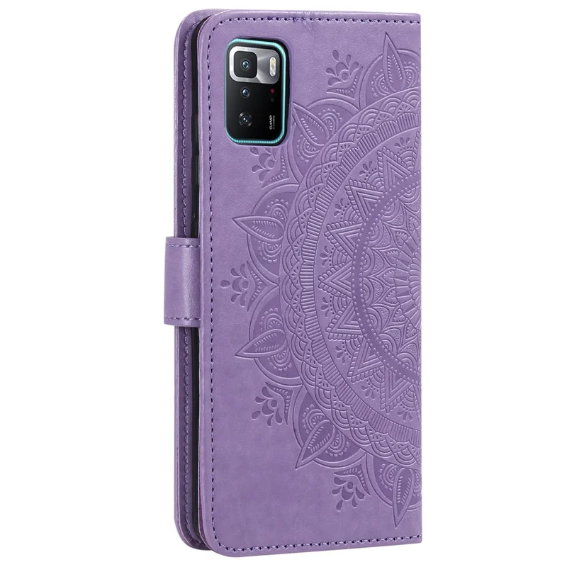 Imprinted Mandala Flower Handy Strap Stylish Anti-drop Wallet Stand Leather Phone Case Cover Shell for Xiaomi Poco X3 GT/Redmi Note 10 Pro 5G (China) - Purple