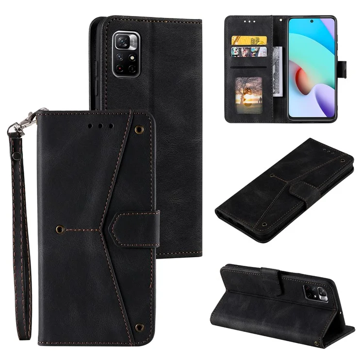 Spleißen Nähen Hauttouch Mit Zweiseitigem Magnetverschluss Anti-fall-pu-leder + Tpu-stand Wallet-telefonhülle Für Xiaomi Redmi Note 11 5G (China) (mediatek)/note 11s 5G/Note 11t 5G - Schwarz