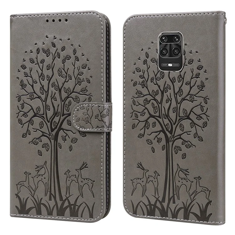 Imprinted Elk and Tree Pattern Wallet Leather Phone Case Anti-scratch Stand Shell for Xiaomi Redmi Note 10 Lite - Grey