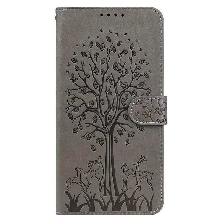 Imprinted Elk and Tree Pattern Wallet Leather Phone Case Anti-scratch Stand Shell for Xiaomi Redmi Note 10 Lite - Grey