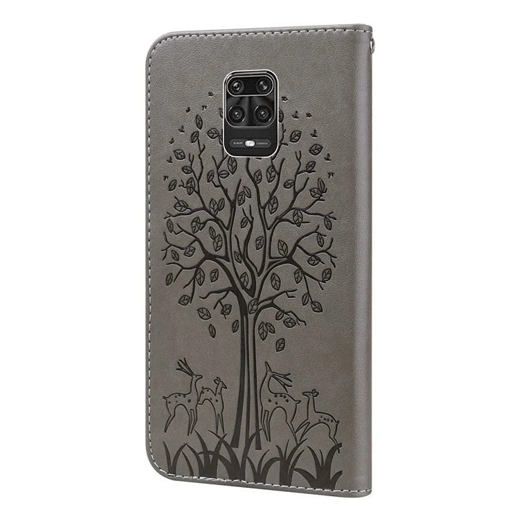 Imprinted Elk and Tree Pattern Wallet Leather Phone Case Anti-scratch Stand Shell for Xiaomi Redmi Note 10 Lite - Grey