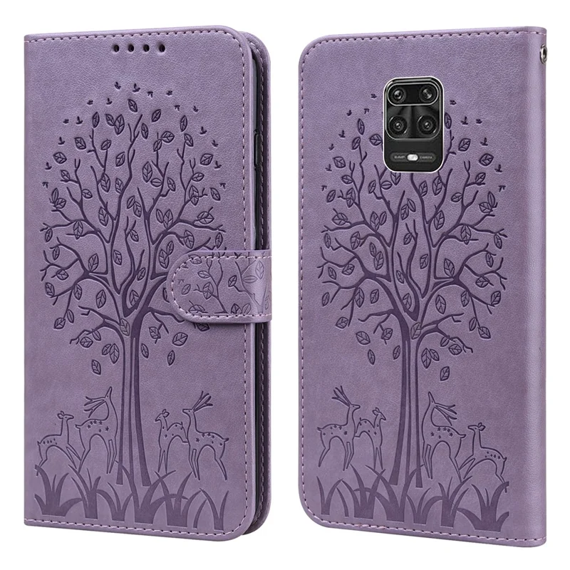 Imprinted Elk and Tree Pattern Wallet Leather Phone Case Anti-scratch Stand Shell for Xiaomi Redmi Note 10 Lite - Purple