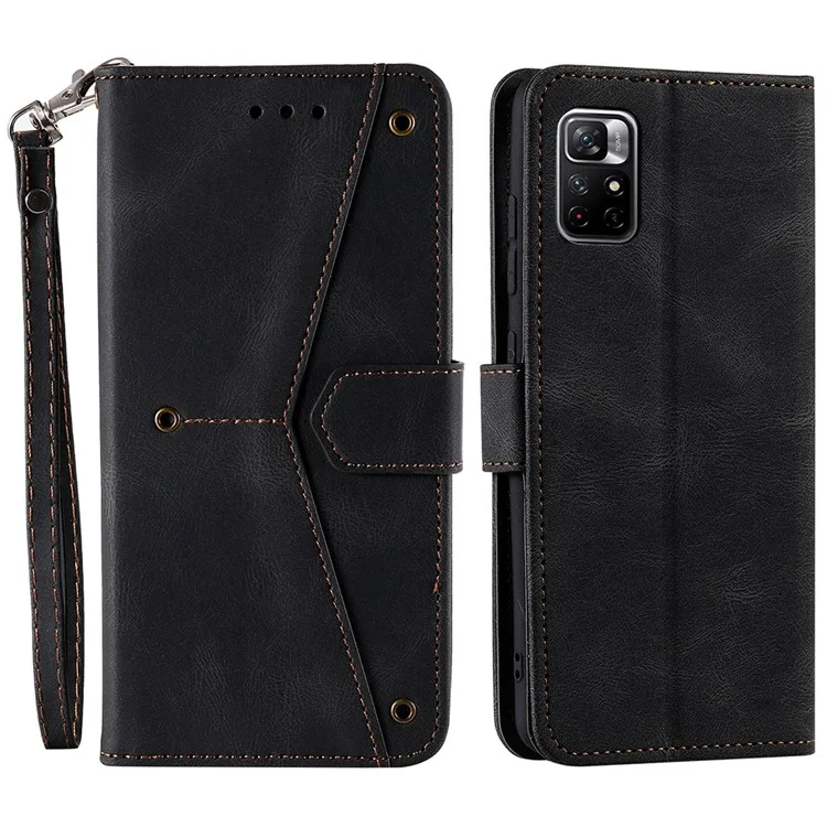 Costura de Emenda Tocada na Pele Sentindo Proteção PU Capa PU Capa Interior TPU Caixa de Telefone Com Carteira de Suporte Para Xiaomi Redmi Note 11 Pro 5G (China) (MediaTek) / Nota 11 Pro+ 5g - Preto
