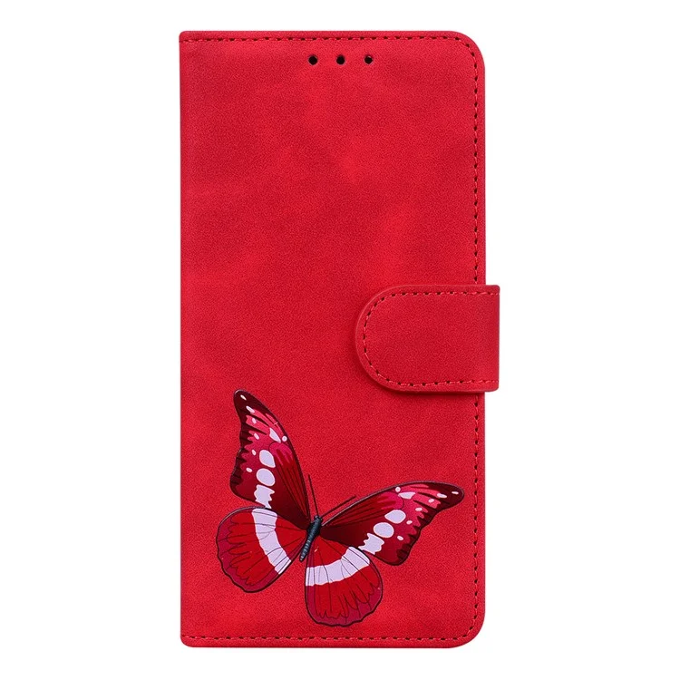 Big Butterfly Pattern Printing Fall Buffer Skin-touch PU Leather Phone Cover Wallet Stand Shell for Xiaomi Redmi 9T/Note 9 4G (Qualcomm Snapdragon 662)/9 Power/Poco M3 - Red