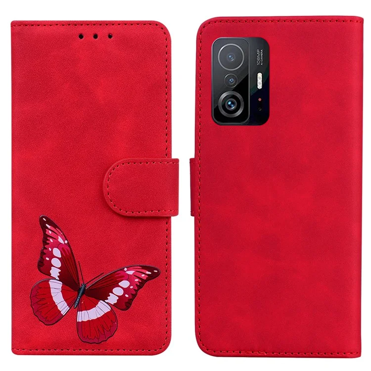 Funda de teléfono de piel de poliuretano con cierre magnético, patrón de mariposa grande, impresión antirrayaduras y sensación táctil para Xiaomi 11T / Xiaomi 11T Pro - Rojo