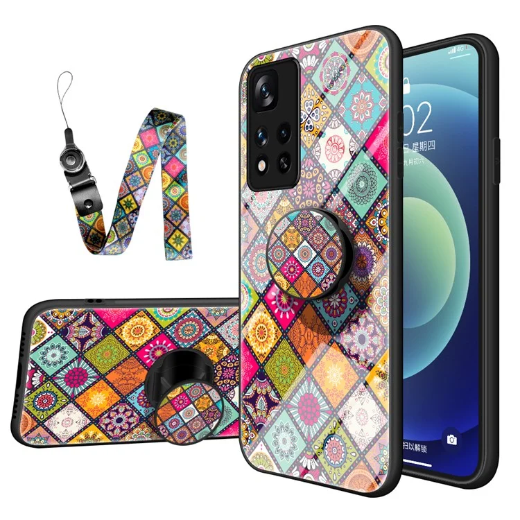 Funda protectora de teléfono híbrida con vidrio templado, duro de PC y suave de TPU, con soporte y cordón para Xiaomi Redmi Note 11 Pro 5G (China) (MediaTek)/Note 11 Pro+ 5G - Patrón de color