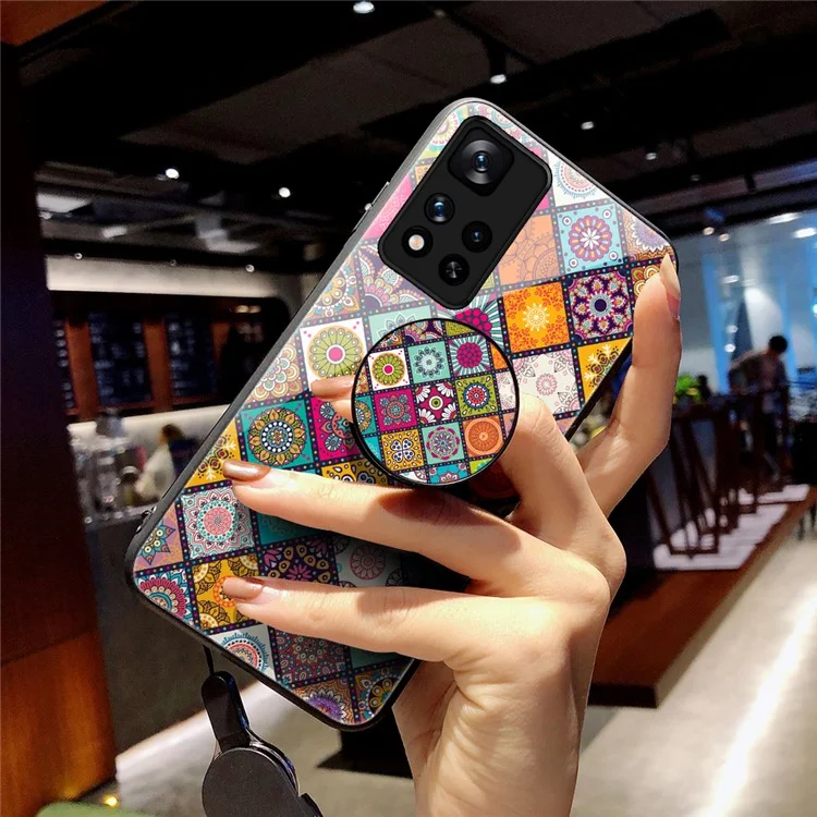 Funda protectora de teléfono híbrida con vidrio templado, duro de PC y suave de TPU, con soporte y cordón para Xiaomi Redmi Note 11 Pro 5G (China) (MediaTek)/Note 11 Pro+ 5G - Patrón de color