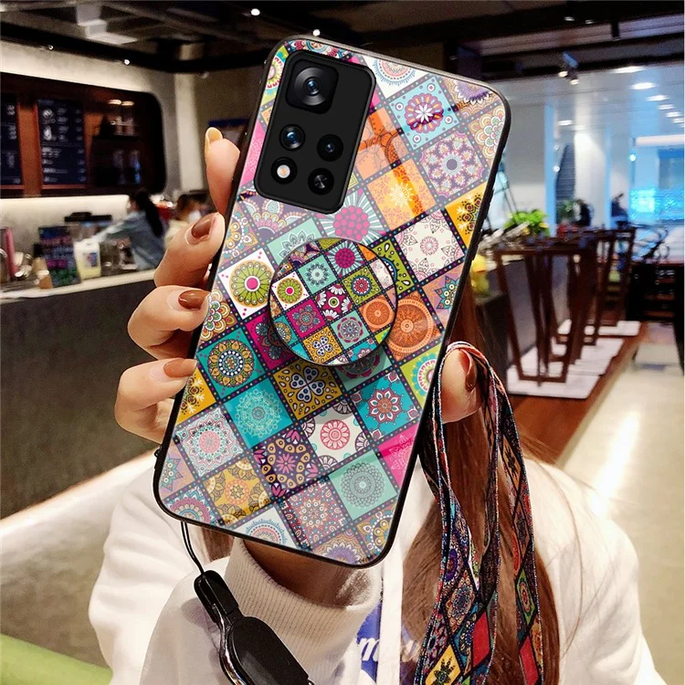 Funda protectora de teléfono híbrida con vidrio templado, duro de PC y suave de TPU, con soporte y cordón para Xiaomi Redmi Note 11 Pro 5G (China) (MediaTek)/Note 11 Pro+ 5G - Patrón de color