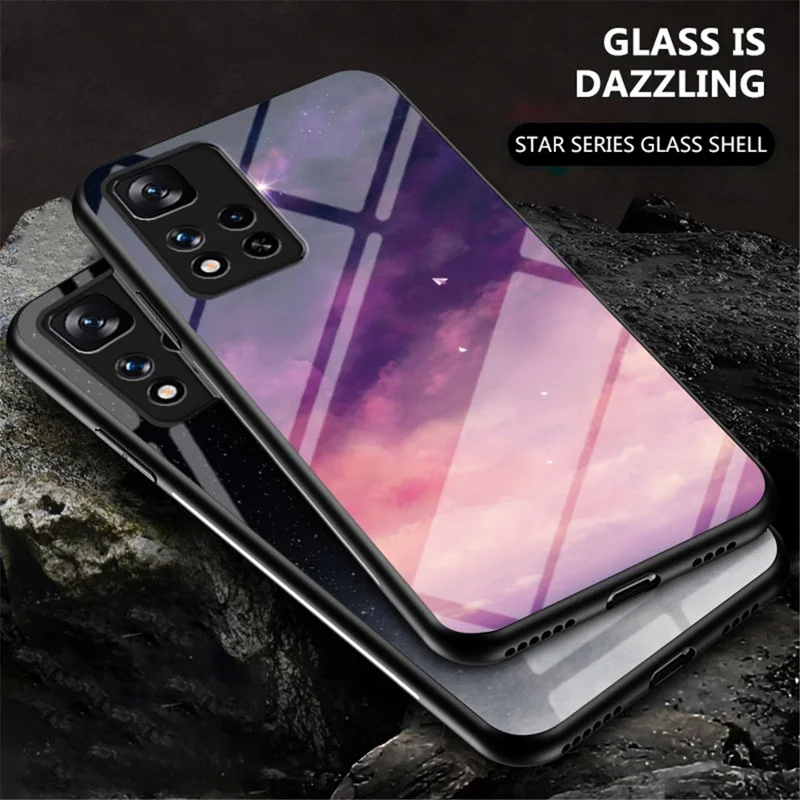 Starry Sky Pattern Design Tempered Glass Back Soft TPU Shock Absorption Protective Case for Xiaomi Redmi Note 11 Pro 5G (China) (MediaTek)/Note 11 Pro+ 5G - Dream Starry Sky