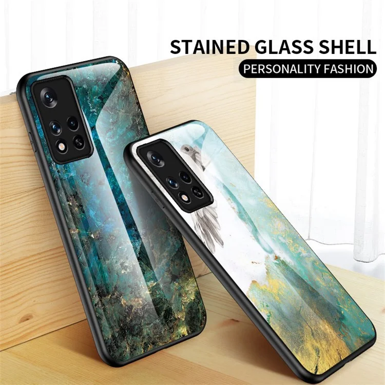 Coque de téléphone en verre trempé avec cadre en TPU souple à motif marbre résistant aux rayures pour Xiaomi Redmi Note 11 5G (Chine) (MediaTek)/Note 11S 5G/Note 11T 5G - Marbre émeraude