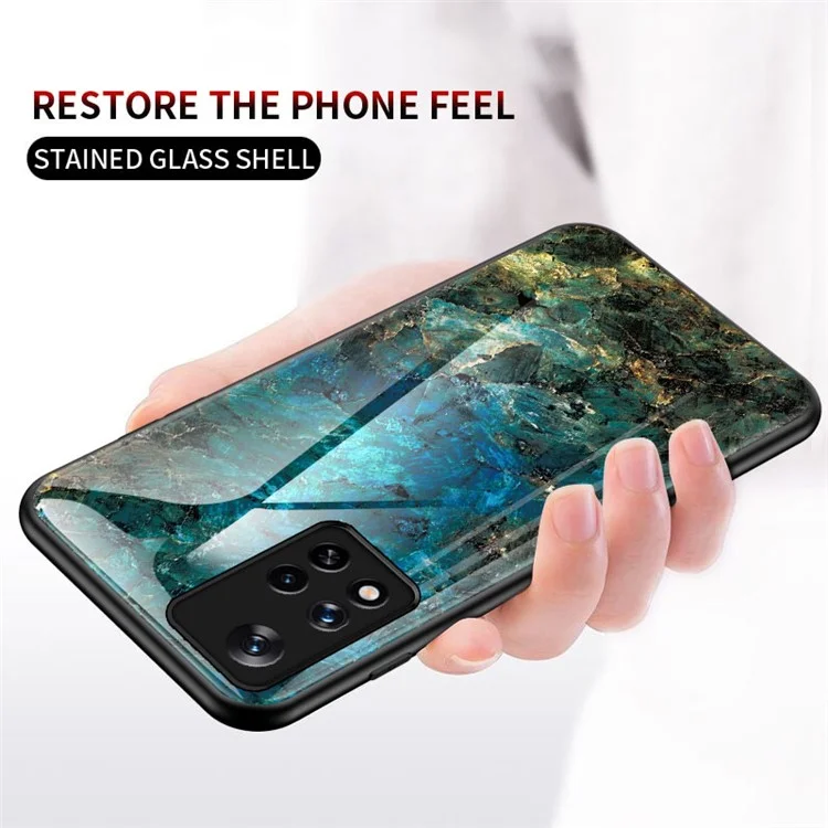 Coque de téléphone en verre trempé avec cadre en TPU souple à motif marbre résistant aux rayures pour Xiaomi Redmi Note 11 5G (Chine) (MediaTek)/Note 11S 5G/Note 11T 5G - Marbre émeraude