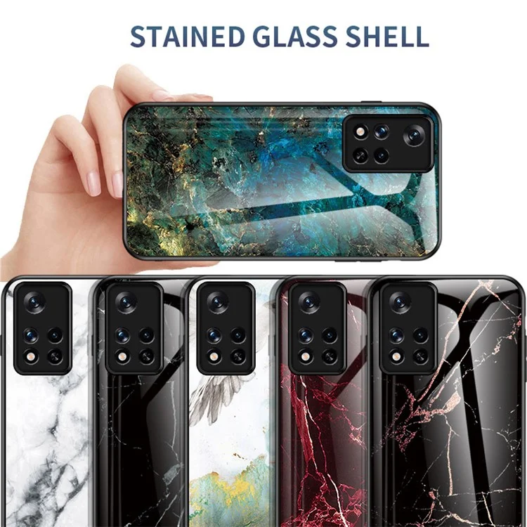 Coque de téléphone en verre trempé avec cadre en TPU souple à motif marbre résistant aux rayures pour Xiaomi Redmi Note 11 5G (Chine) (MediaTek)/Note 11S 5G/Note 11T 5G - Marbre émeraude